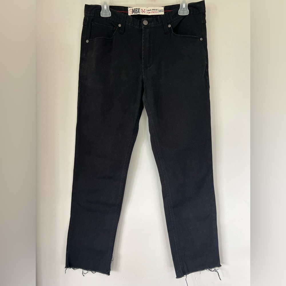 MBX Slim Stretch Black Jeans Mens Tag 32x32 Fits 32x27 Casual Denim Frayed Hem